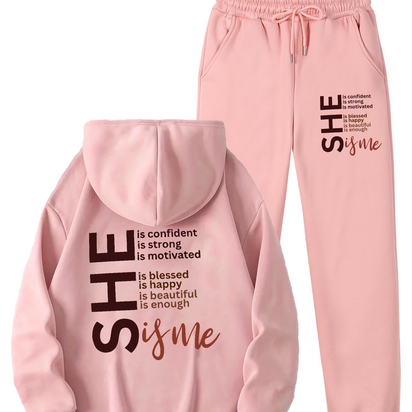 Cozy Fleece-Lined Women's Hoodie & Sweatpants Set with Letter Print - Machine Washable, Pocket Detail, Polyester