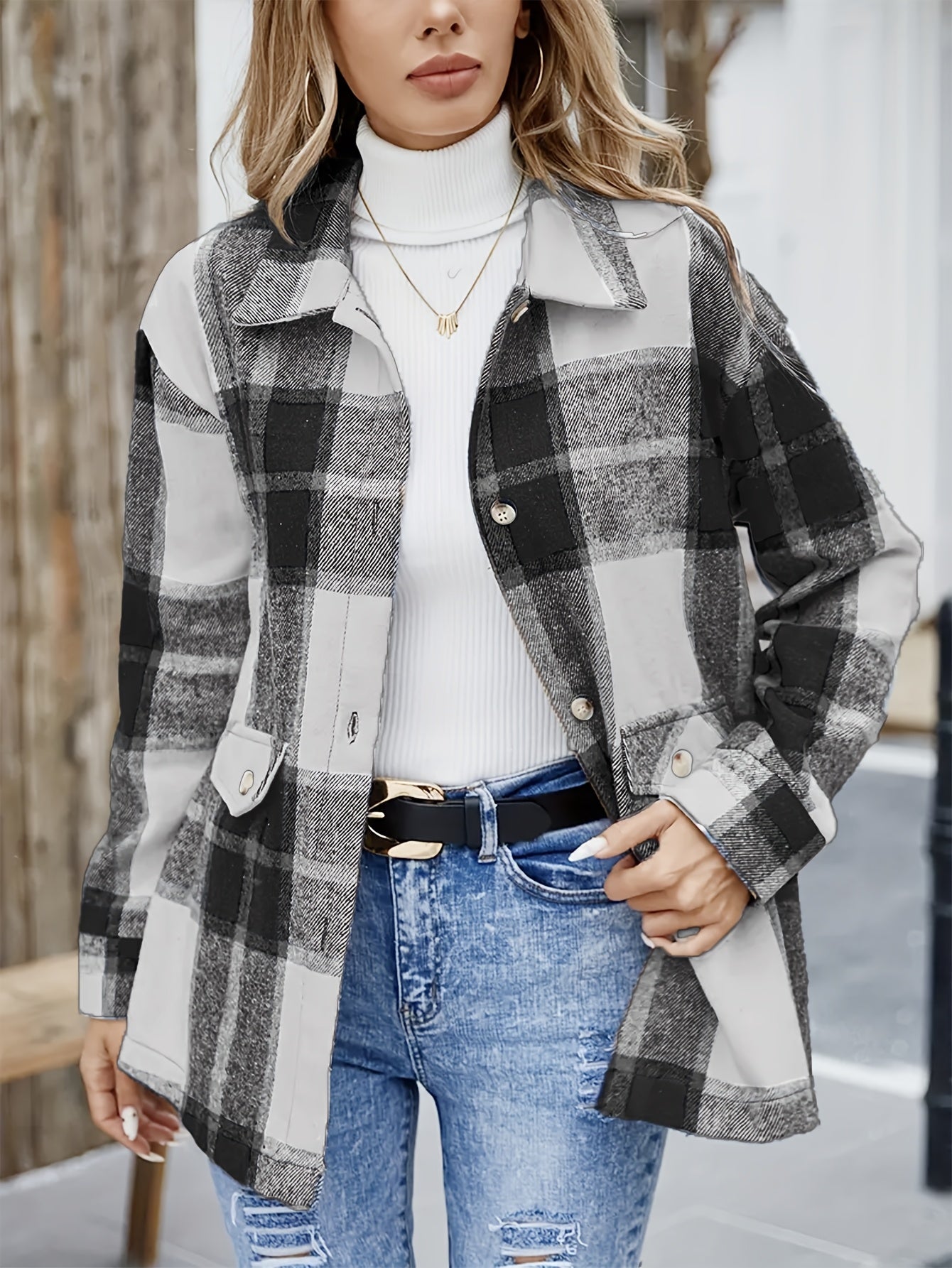 Elegant Plaid Long Sleeve Shirt, Women'S Blue, Polyester, Lapel Collar, Woven, 120gsm, for Spring/Summer
