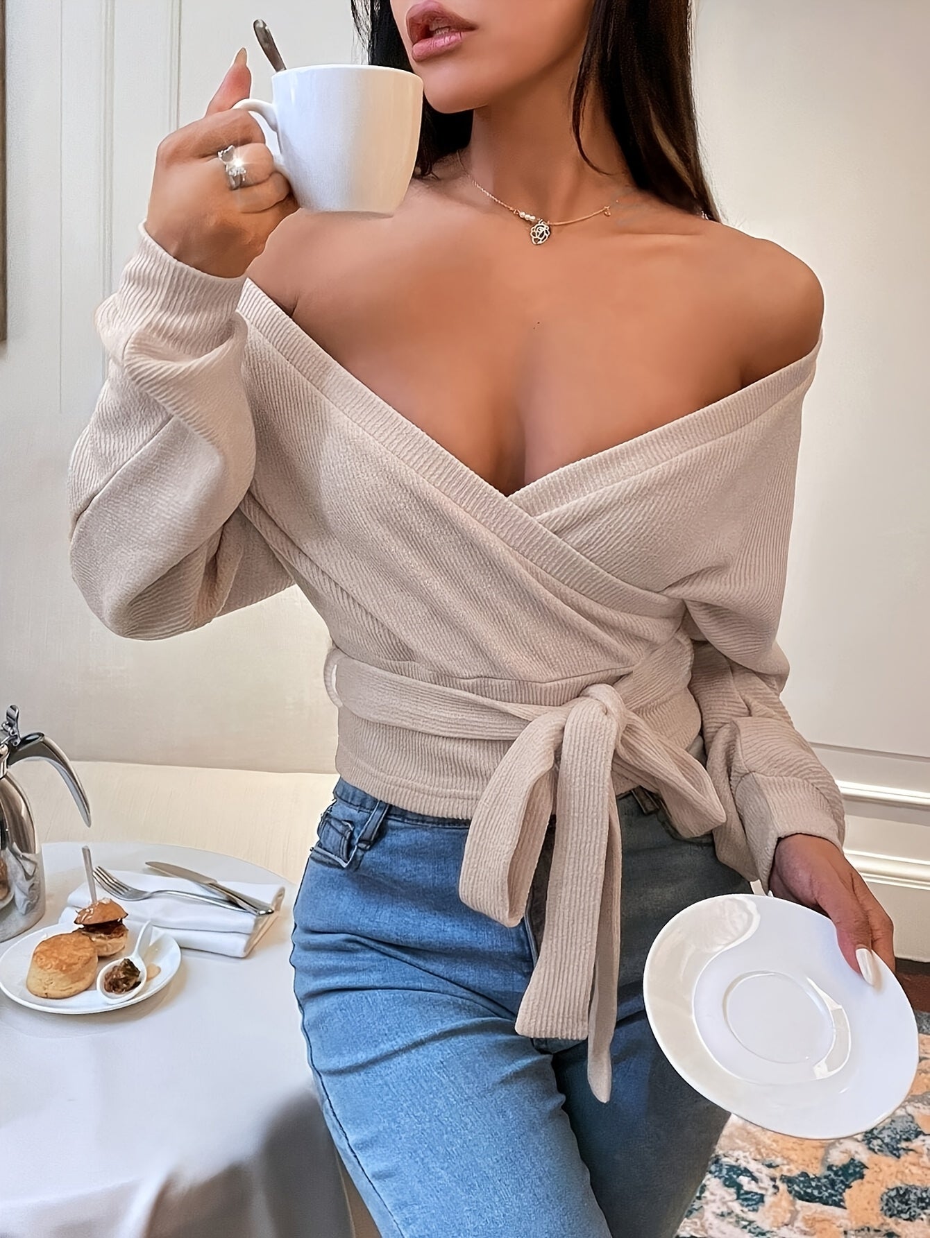 Chic Beige V-Neck Long Sleeve Knit Sweater with Tie Waist & Hem, Ribbed Cuffs - Stylish Fall/Winter Women’s Top for Casual or Sexy Outfits, Casual Women's Wear | Sexy Knitwear | Stylish Bow Design, Ladies Sweaters