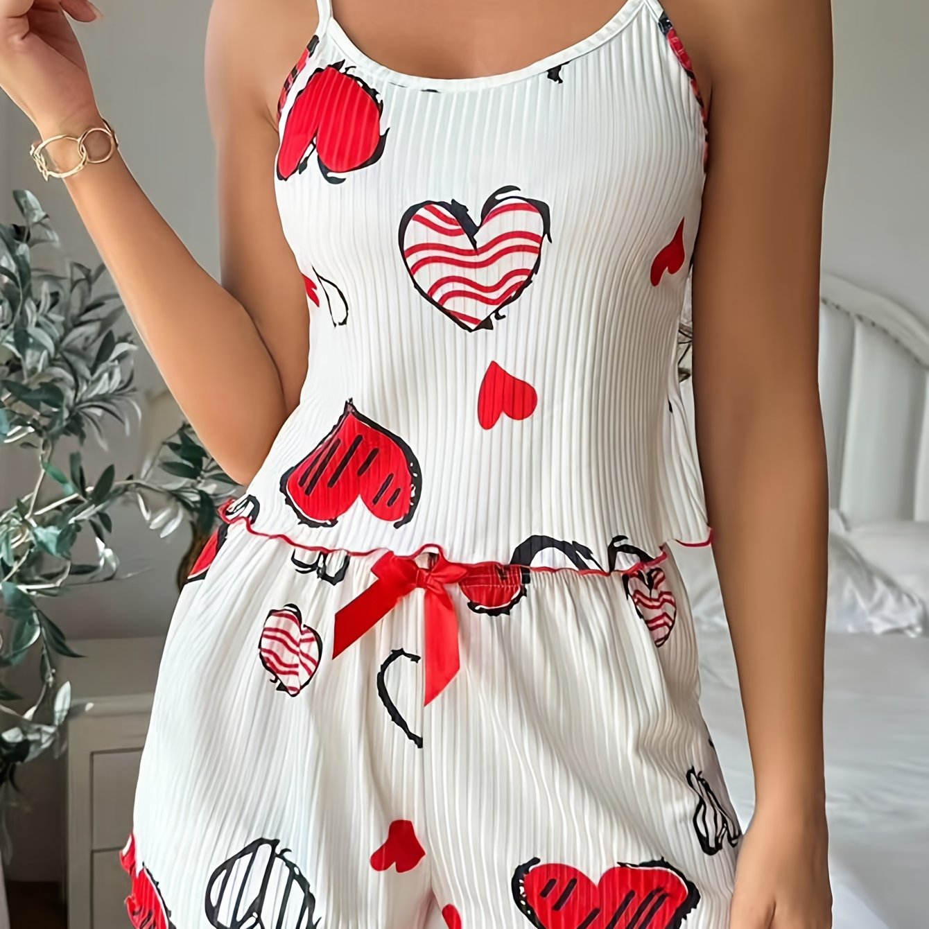 Charming Women's Heart Print Cami & Shorts Set – Cute Red & White Summer Knit Outfit with Bow Detail, Stretchy Polyester Blend