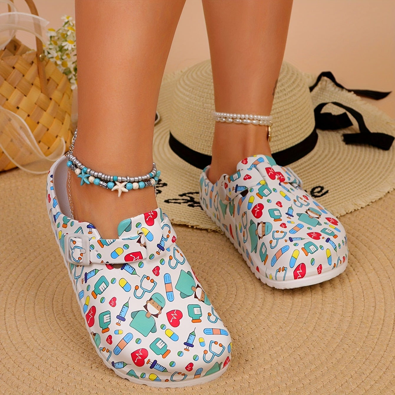 Women's Playful Cartoon-Print Non-Slip Clogs - Breathable & Lightweight EVA Design - Perfect for Beach, Garden, & Casual Attire, Beach Accessories