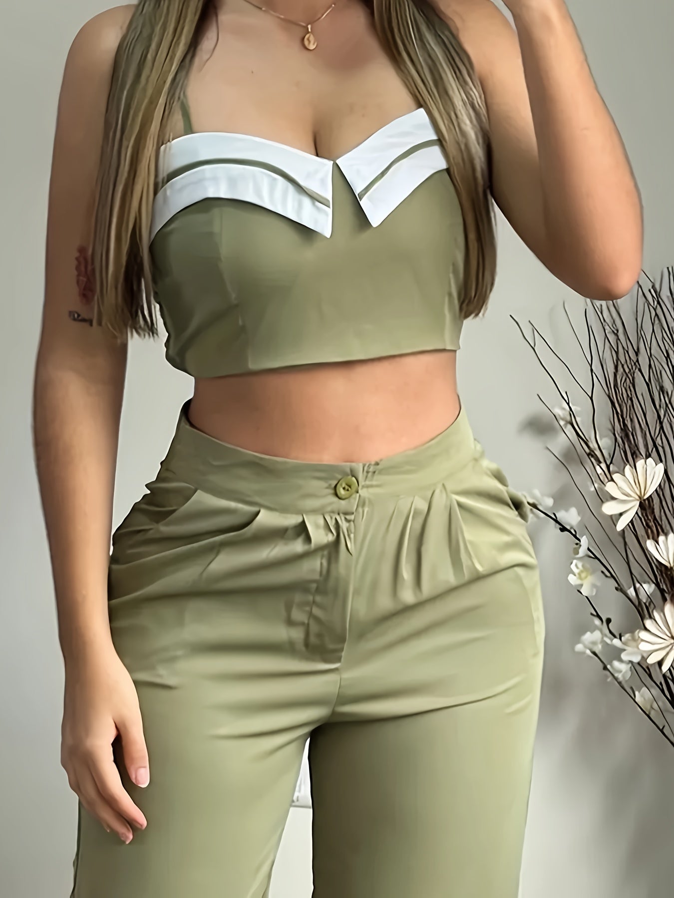 Women'S Casual Patchwork V-Neck Top and Wide Leg Pants Set, 100% Polyester, Contrast Collar, All Seasons, Woven Fabric, 150g/m² - Green