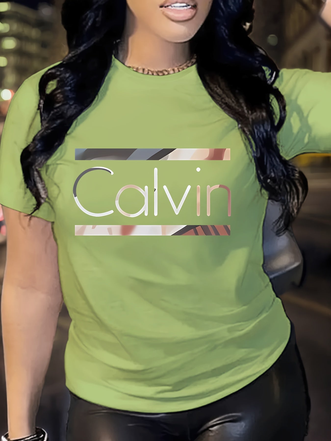 1pc Calvin Women's Graphic Tee - Soft Polyester Spandex Blend, Casual Crew Neck Short Sleeve Top in Black with Stylish Letter Print, Comfortable Casual Attire, Everyday Apparel | Trendy Casual Style | Stretchable Top
