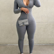 Women's High-Stretch Solid Black Zip-Up Jumpsuit - Long Sleeve, Form-Fitting, Machine Washable, Polyester & Spandex Blend for Spring/Summer Fashion, Casual Wear Jumpsuit | Trendy Jumpsuit | Stretchy Fabric, Romper Jumpsuit