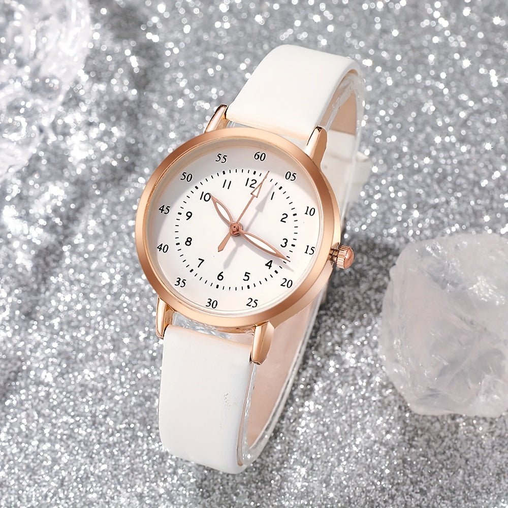 5pcs Elegant Women's Quartz Watch & Pearl Jewelry Set - Rose Golden Case, White Faux Leather Strap, Zinc Alloy - Includes Bracelets & Necklace - Perfect Gift for Valentine's, Easter, Birthdays, Christmas