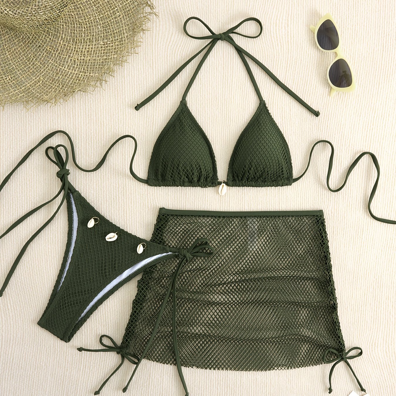 Solid Color 3pcs Bikini Set, Halter Neck with Mesh Tie Back and High Cut Sides, Cover-Up Wrap Swimsuit, Women's Swimwear and Clothing Triangle Top