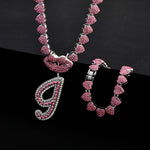 Hip Hop Y2K Style Pink Sexy Lips Pendant Necklace and Bracelet Set, A-Z Initials, Rhinestone Inlay, Zinc Alloy, Perfect for Daily Wear or Parties, Ideal Valentine's Day Gift for Men and Women, Hip Hop Jewelry