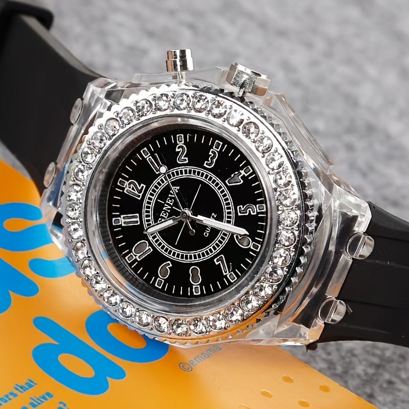 Glow-in-the-Dark LED Trendy Couple'S Watch with Crystal Embellishments, Silicone Strap, and Luminous Display - Perfect for Casual Attire, Casual Watch|Glamorous Timepiece|Polycarbonate Case