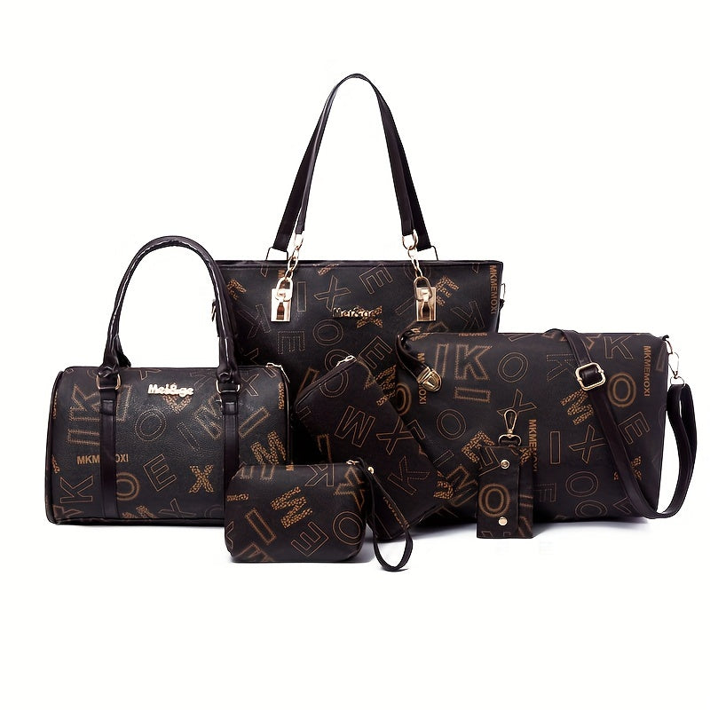 6pcs Retro Letter Print Womens Bag Set - Stylish & Versatile Tote, Boston Bag, Crossbody, Clutch, Wallet, Wristlet & Key Holder
