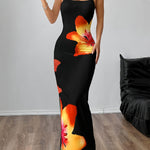 Print Long Cami Dress for Women - Stretchy Polyester Blend, Sleeveless Bodycon with Vibrant Orange & Red Flower Design, Machine Washable, Summer Fashion, Summer Evening Wear | Fitted Silhouette | Smooth Glossy Fabric
