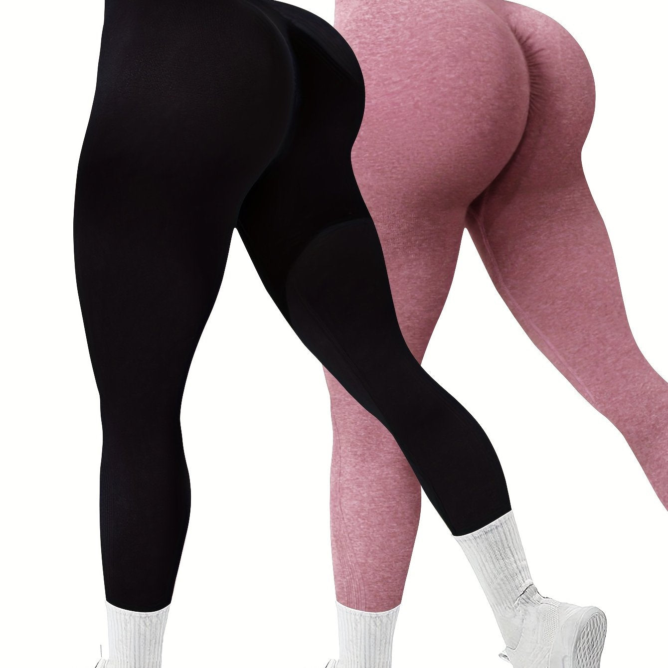 Women's Seamless High Waist Sports Leggings, 2 Pack Knit High Stretch Letter Print Yoga Leggings