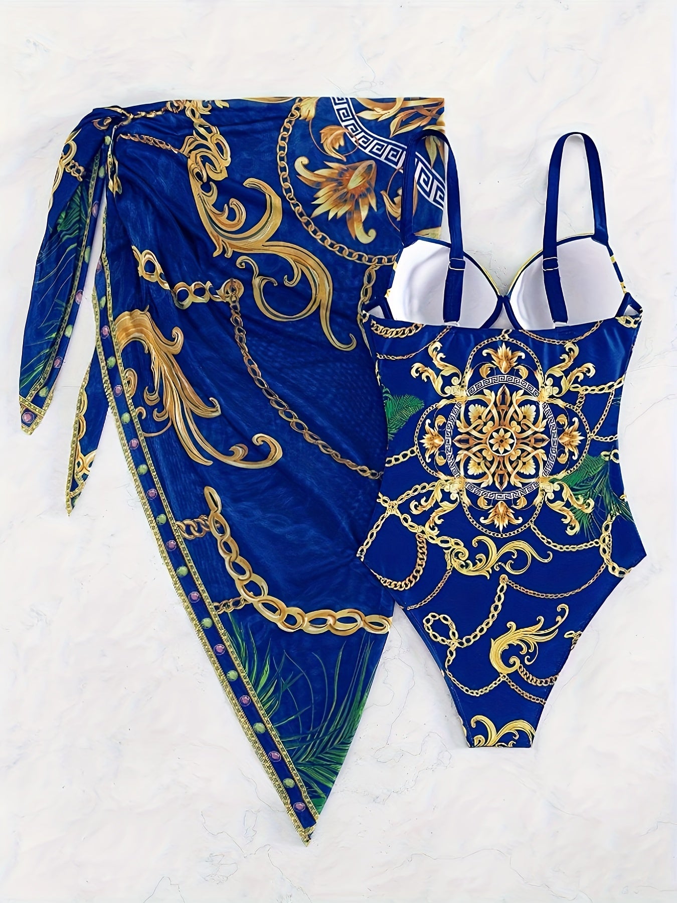 Chain Print Elegant 2 Piece Swimsuits, V Neck Push Up Spaghetti Strap One-piece Bathing-suit & Cover Up Skirt - For Women - Summer Beachwear - Perfect Gift for Vacation