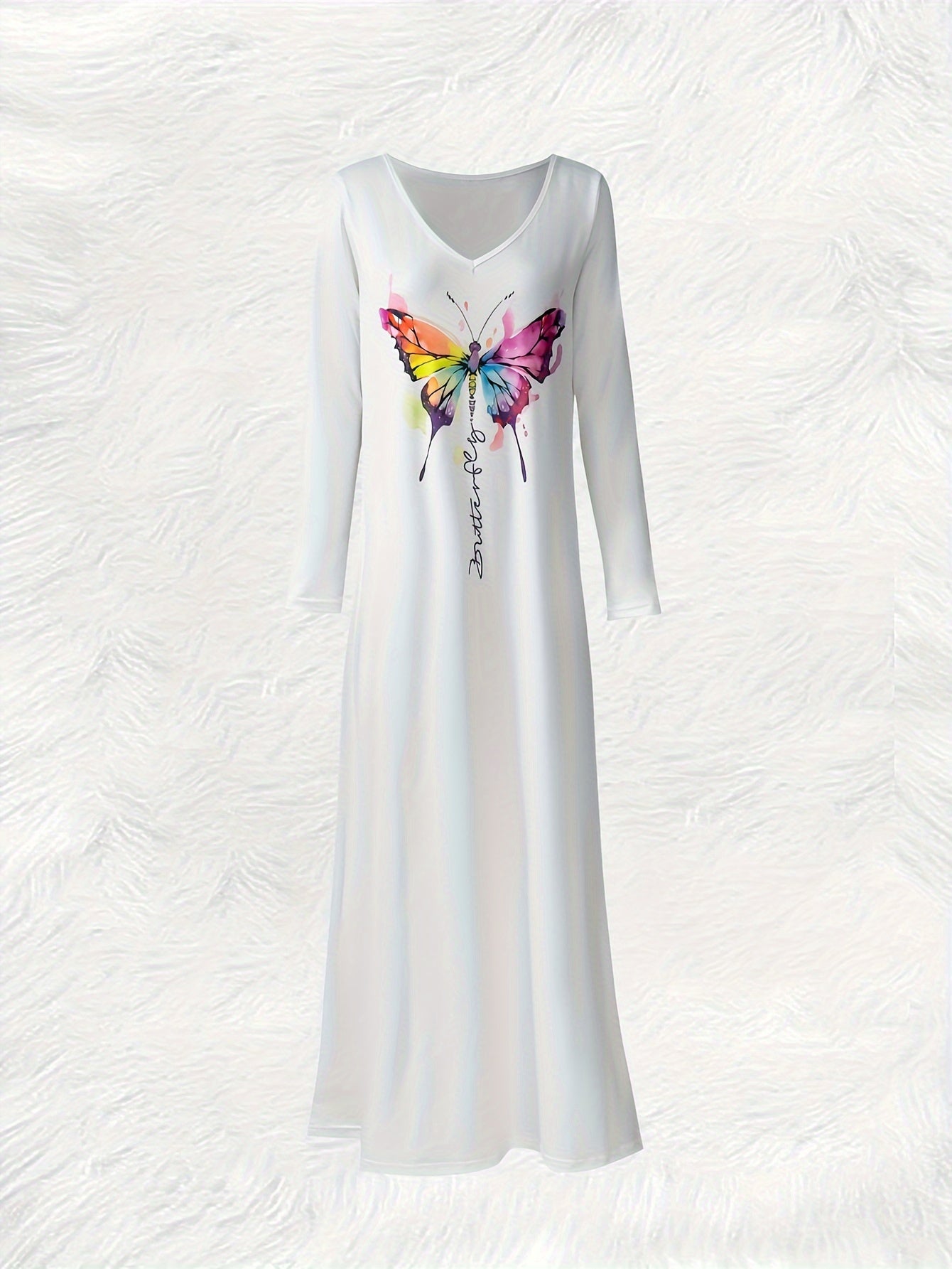Vibrant Butterfly Print V-Neck Long Sleeve A-Line Maxi Dress - Flattering Vacation Style for Spring & Fall, Comfortable Women's Clothing with Relaxed Fit