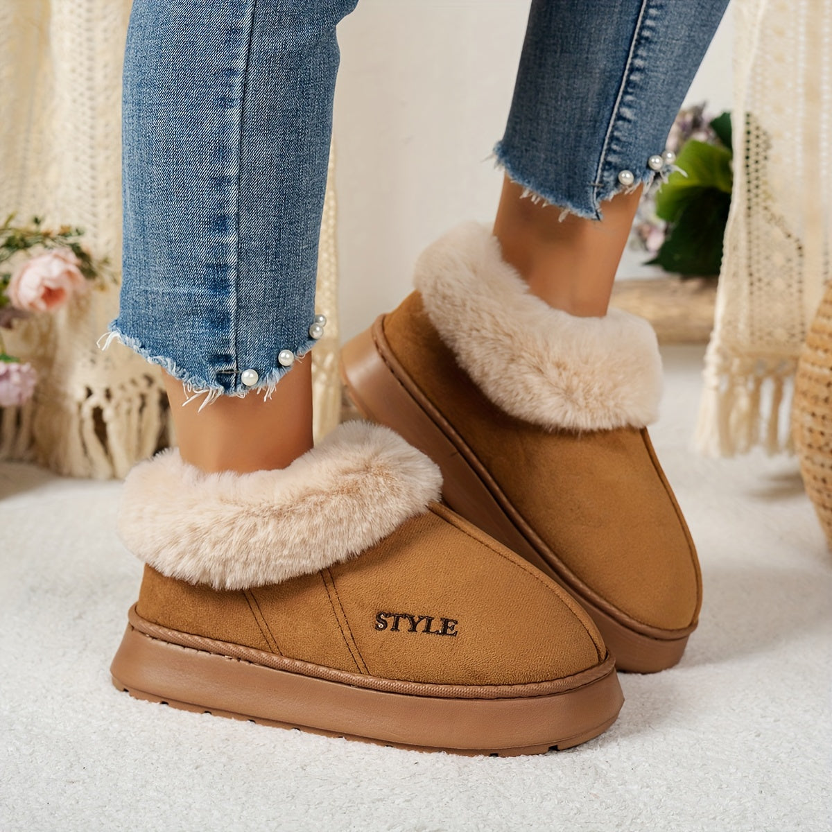 Women'S Winter Fleece Slippers, Casual Solid Color Booties, Soft Fabric Upper & Inner, EVA Sole, Warm Thick Sole Indoor Home Footwear, Non-Slip, All-Season Comfort
