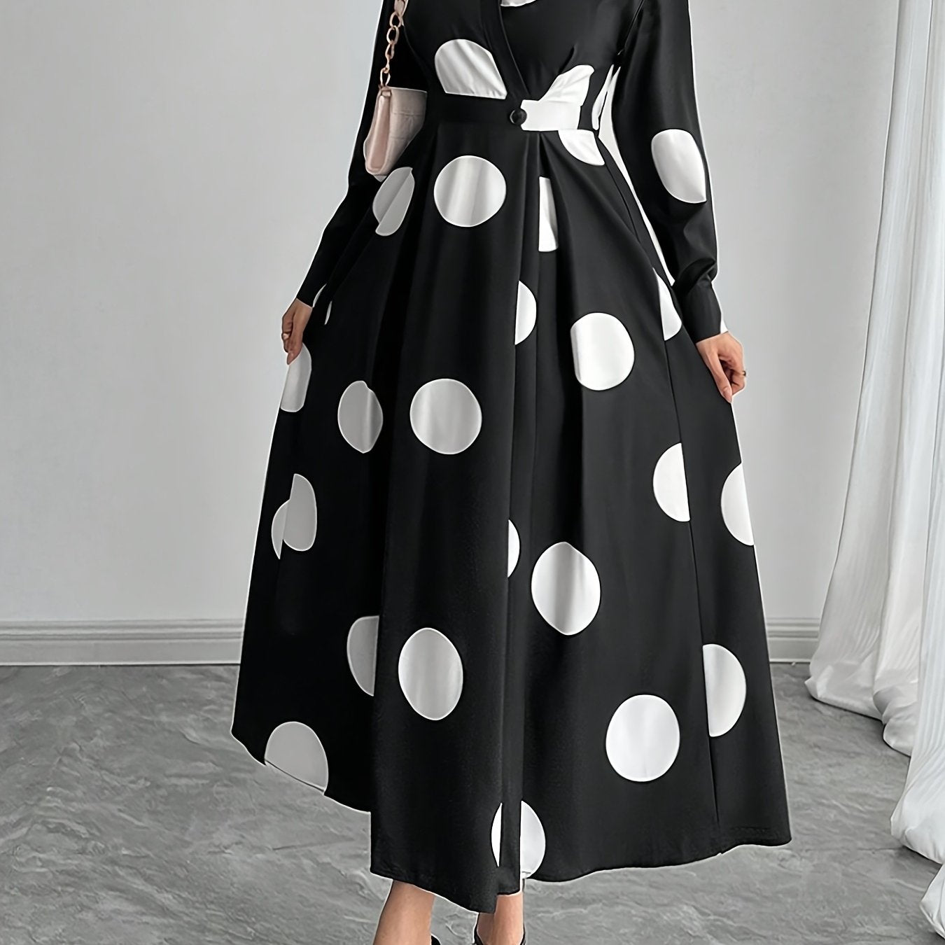 Women'S Elegant Long-Sleeve V-Neck Polka Dot Dress - White with Black Dots, Pencil Fit, Perfect for Spring/Summer/Fall, Casual Attire|Pencil Fit Dress|Vneckline Dress