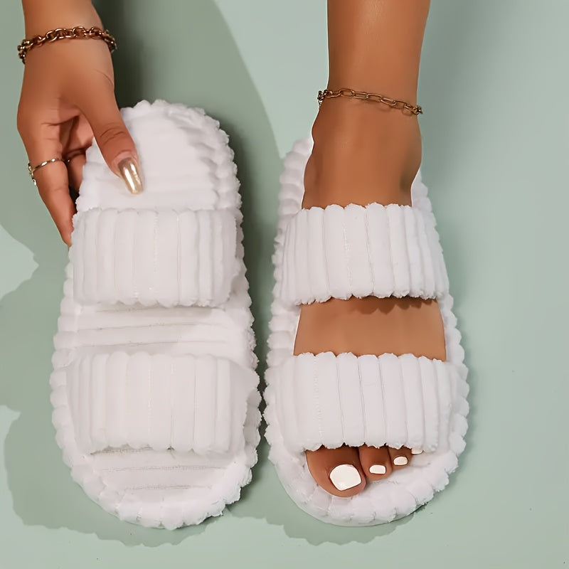 Elegant Women's Plush Slippers with Warm Lining - Striped Open Toe, Non-Slip EVA Sole, Cozy Indoor Comfort