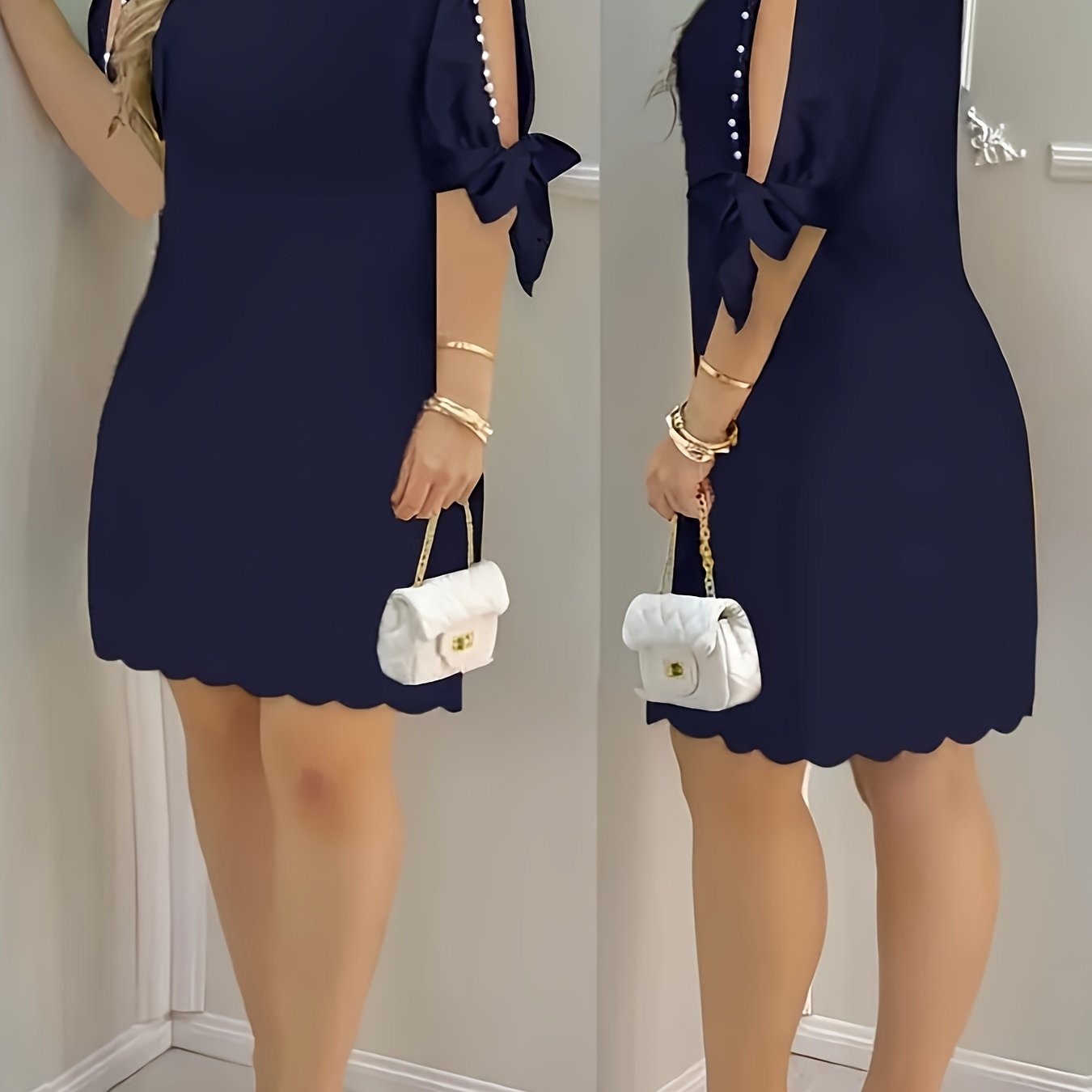 Women's Navy Blue Casual Dress - Elegant Knee-Length with Ruffle Detail, Crew Neck, Machine Washable, Polyester Blend