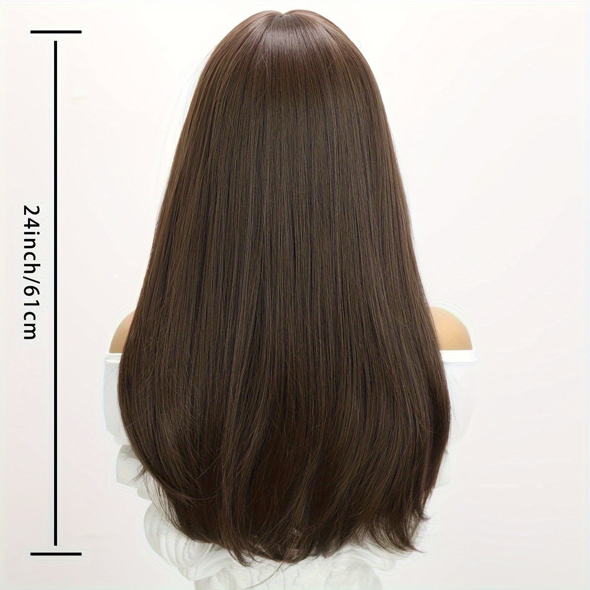 Long Natural Straight Dark Brown Wig, Blunt Bangs, Synthetic Fibers, Perfect For Daily Wear, Rose Net, 24 Inch