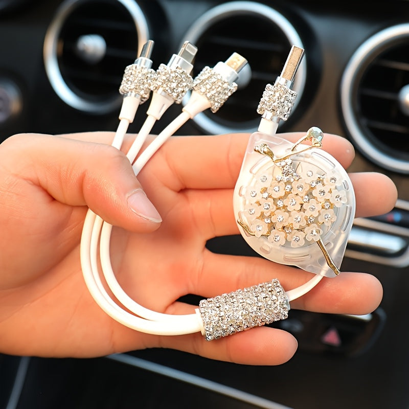[3-in-1 Fashion USB Charging Cable] 1pc Durcord 3-in-1 Fashion USB Charging Cable, Rhinestone Embellished, Compatible with iPhone 16/15/14/13/12/11, Vivo, Oppo, Xiaomi, Huawei - Trendy Street Style Data Cord without Battery