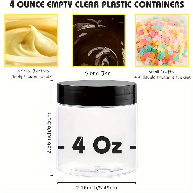 50-Pack 4oz Plastic Jars with Lids and Labels - BPA-Free Clear Round Multipurpose Containers, Hand Washable with Flip Top for Lotions, Creams, Body Butters, Slime, Cosmetics, Beads, Samples & Travel Storage - Reusable & No El