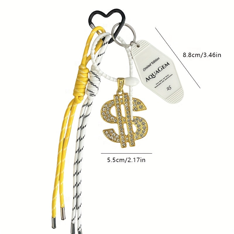 Fashion Dollar Sign Keychain, Handmade Braided Rope with Rhinestone Accents, Alloy Car Remote Key Ring, Decorative Bag Charm, Birthday Festival Gift for Women, Novelty Keychains