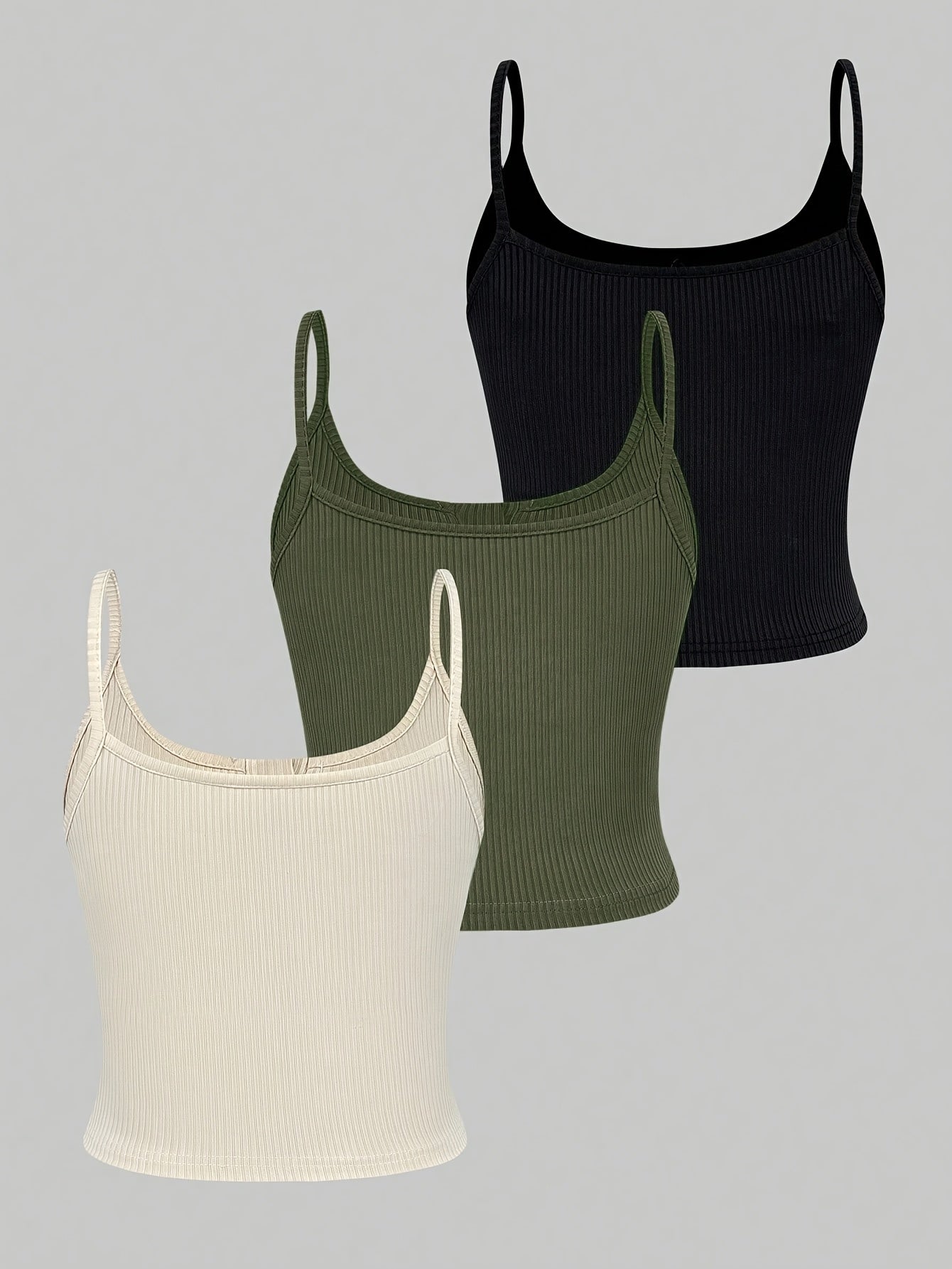 3pcs Set Women'S Knit Polyester Tank Tops with Button Detail, Casual Solid Color Slingback Camisoles, 95% Polyester 5% Elastane, All-Season Spaghetti Strap Tops