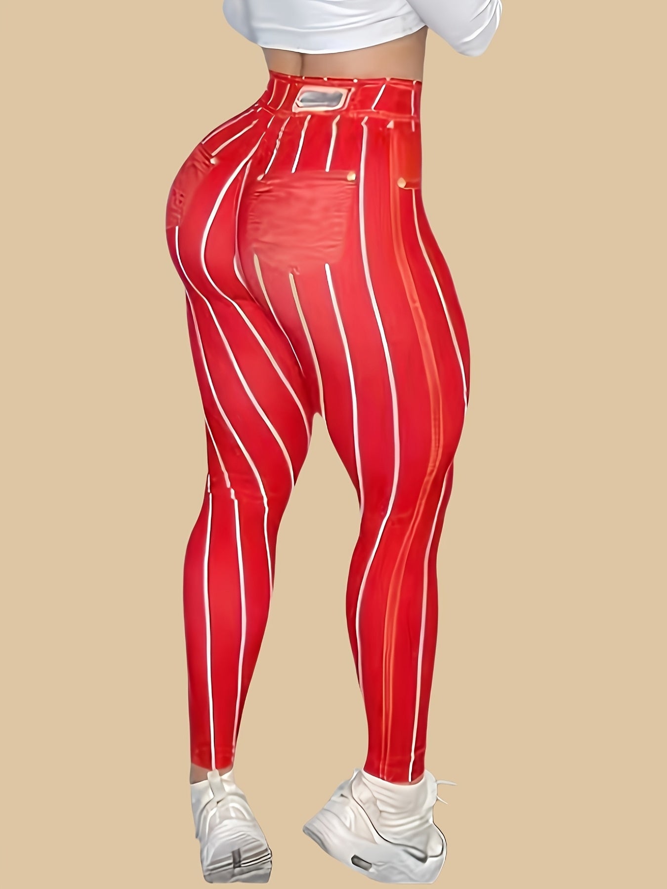 High-Waist Denim-Look Yoga Pants for Women - Sexy Fitness Leggings with Trendy Striped Design, Red & White Vertical Stripes, Stretchy Polyester Blend, Machine Washable, Perfect for Yoga, Running, and Gym Workouts, Athletic We