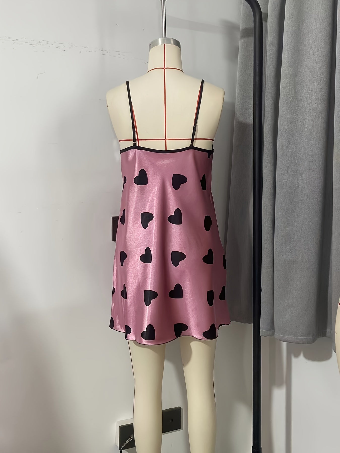 Sexy Heart Print Lace Trim V Neck Backless Slip Nightdress - Micro Elastic Polyester Sleep Mini Dress for Women - Machine Washable, All-Season, Random Printing, Woven