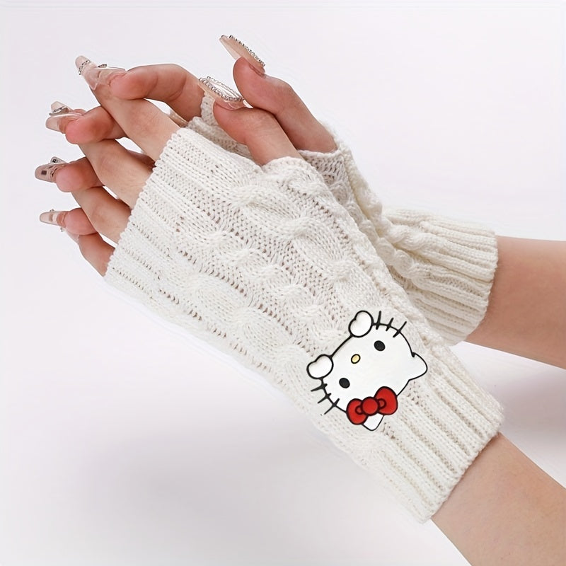 1pc of Sanrio Hello Kitty Cartoon Fashion Pvc Soft Rubber Big Head Decoration Autumn And Winter Leisure Knitting Open Finger Cuff Linen Pattern Short Gloves for Women to Work Cycling Interlocking Warm Wrist Gloves for Women C