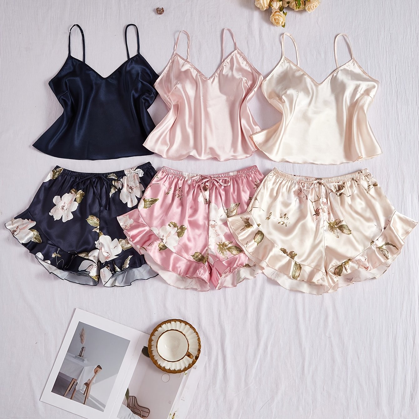 6pcs Camisole Shorts Pajamas in Various Color Combinations, Sweet Women'S Pajama Set, Faux Silky Women'S Loungewear And Casual Wear.