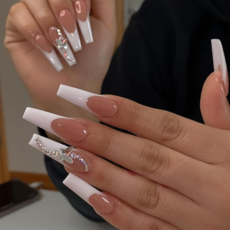 5-Pack (120 Pcs) Long Coffin Press-On Nails with Glittering French Tip - 3D Flower & Heart Rhinestone Design + 20pcs Ring Set - Mixed Glossy Finish, Adhesive Tabs & Nail File Included - Ultimate Glam for Women