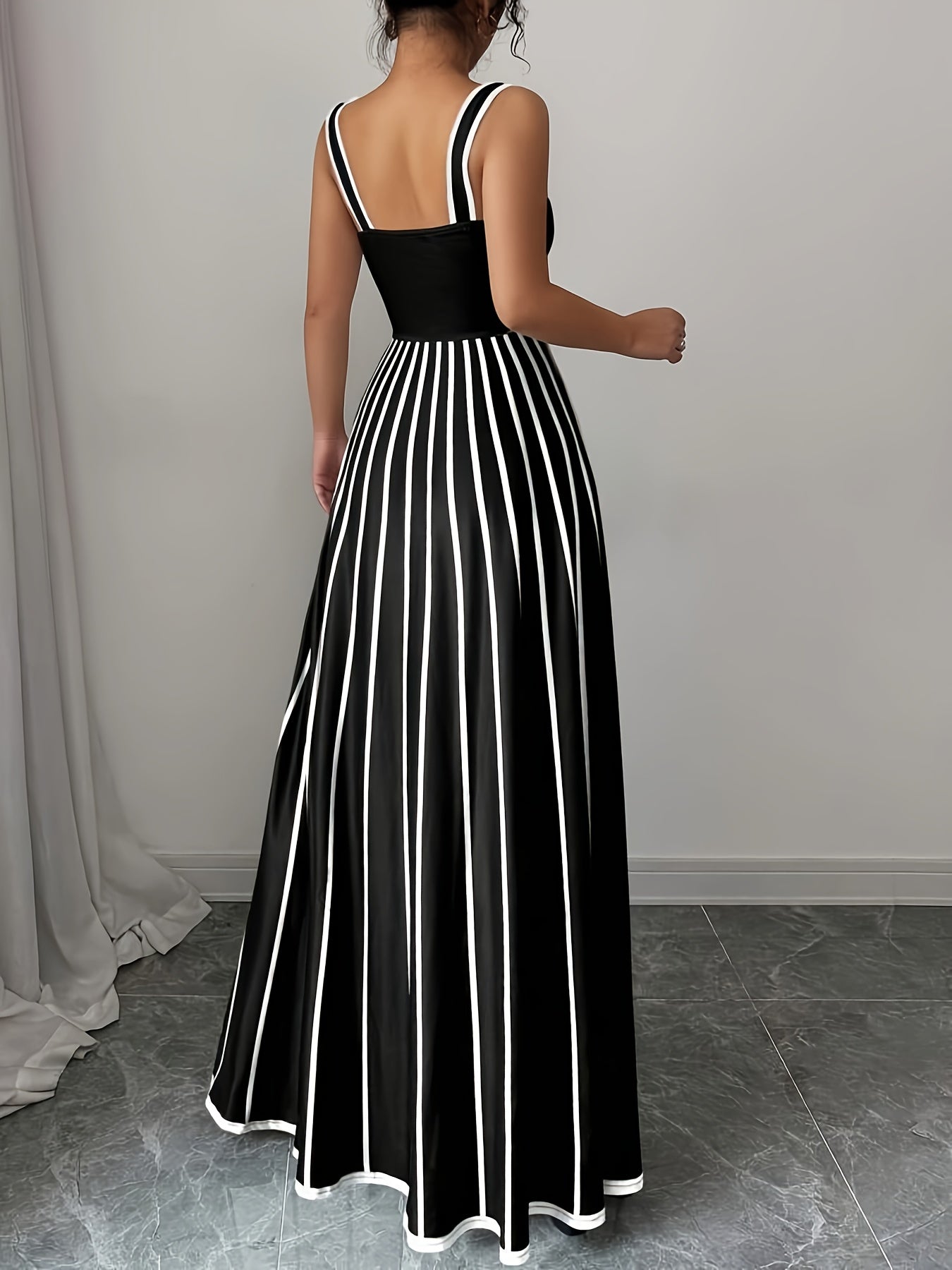 Elegant Striped Sleeveless Maxi Dress for Women - Square Neck, Button Detail, Black & White Vertical Stripes, Flowy Design, Machine Washable, Perfect for Casual or Chic Outfits