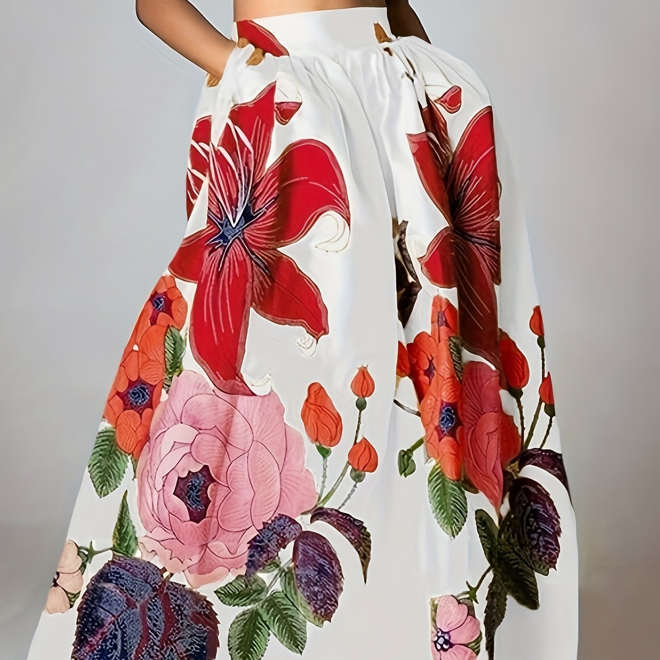 Floral Print Pocket Design Skirt, Elegant Elastic High Waist Maxi Skirt For Spring & Fall, Women's Clothing