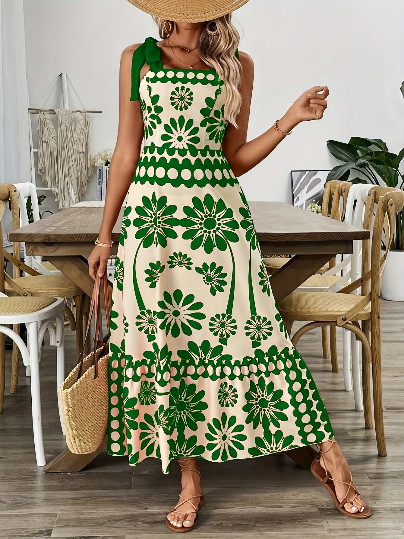 Women's Vintage Floral Print Lace Shoulder Hollow Waist A-Line Maxi Dress - Breathable Lightweight Fabric for Spring Summer Casual & Formal Events, Lace Summer Dress, Evening Event Attire, Nontransparent Material