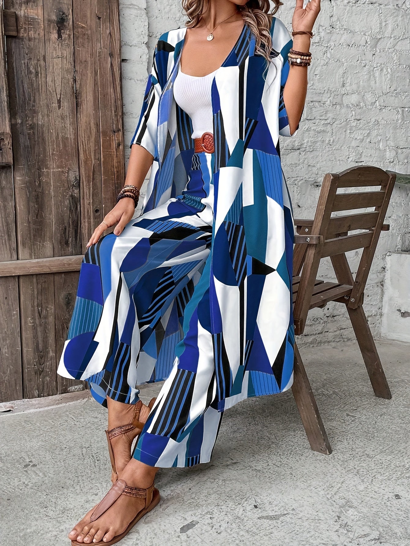 Vacation Style Geo Print Pantsuits Set, Long Length Short Sleeve Shirt & Wide Leg Pants Outfits, Women's Clothing