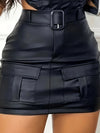 Elegant Stretchy Polyester Blend Belted Mini Skirt with Pockets for Women - Machine Washable, Comfortable, Easy Care