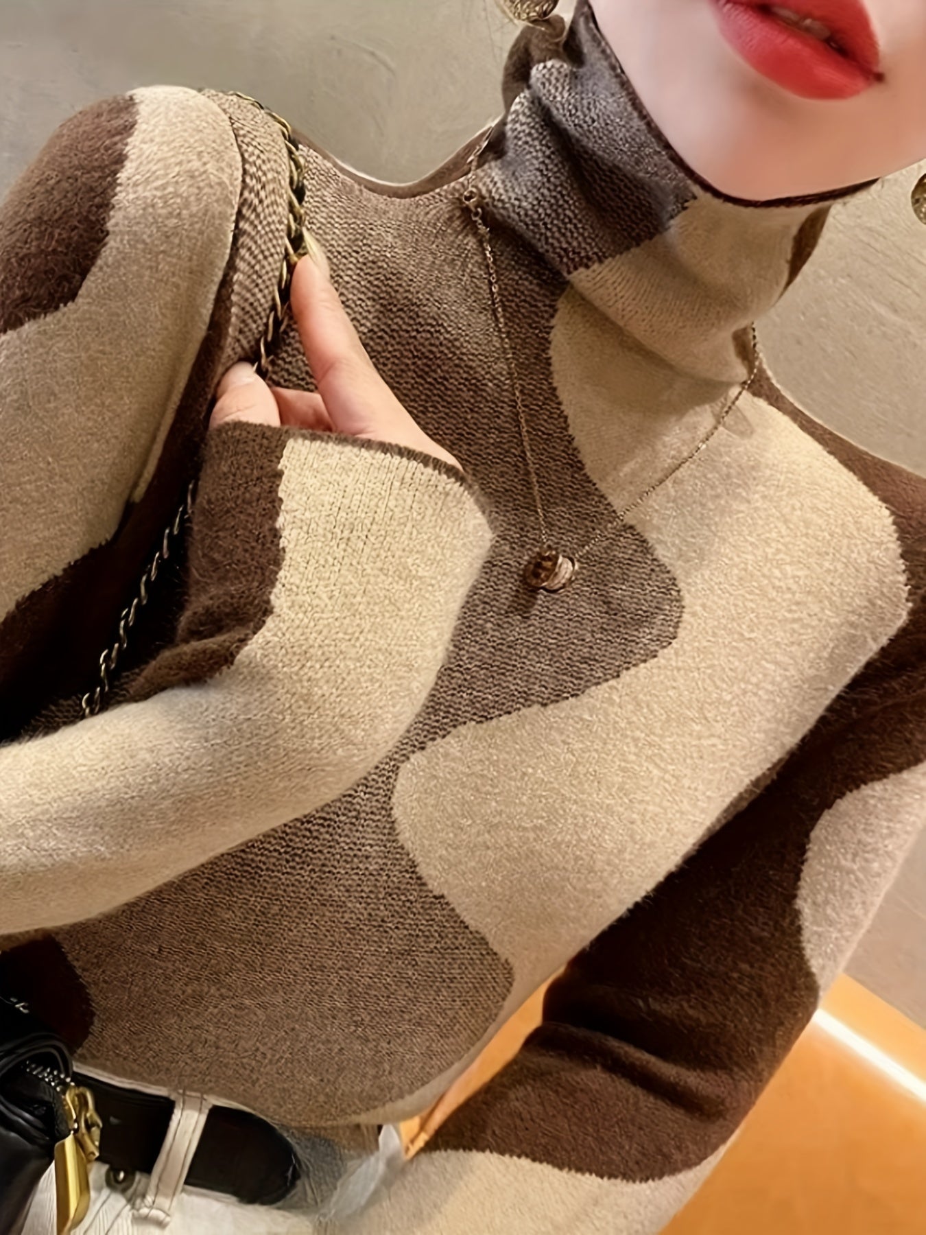 Elegant Turtleneck Sweater for Women - Chic Geometric Pattern, Soft Knit Blend, Perfect for Fall/Winter, Machine Washable