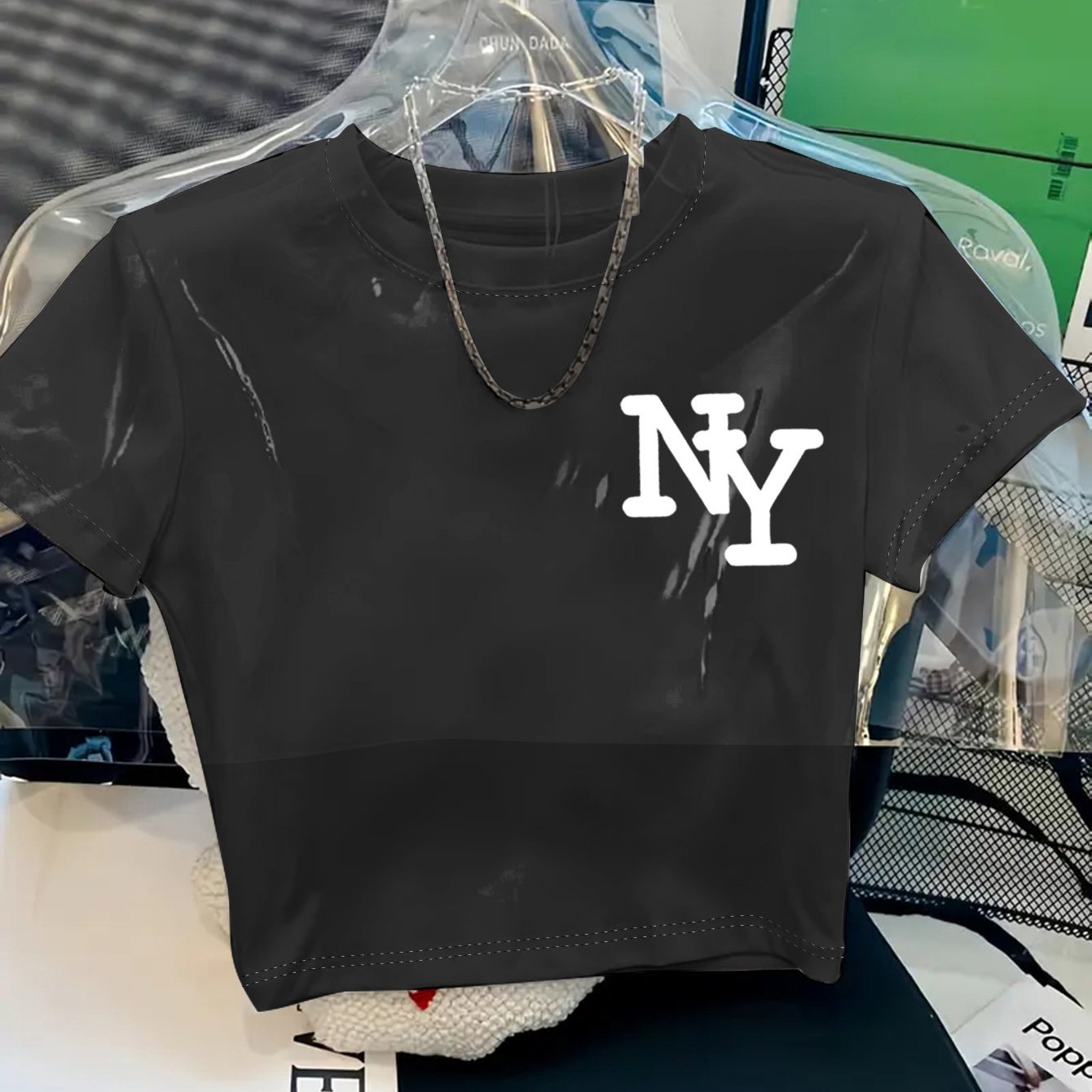 Women's Y2K Style NY Monogram Graphic T-Shirt - Soft Stretchy Polyester Blend, Oversized Cropped Fit, Machine Washable Spring/Summer Casual Top