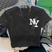 Women's Y2K Style NY Monogram Graphic T-Shirt - Soft Stretchy Polyester Blend, Oversized Cropped Fit, Machine Washable Spring/Summer Casual Top