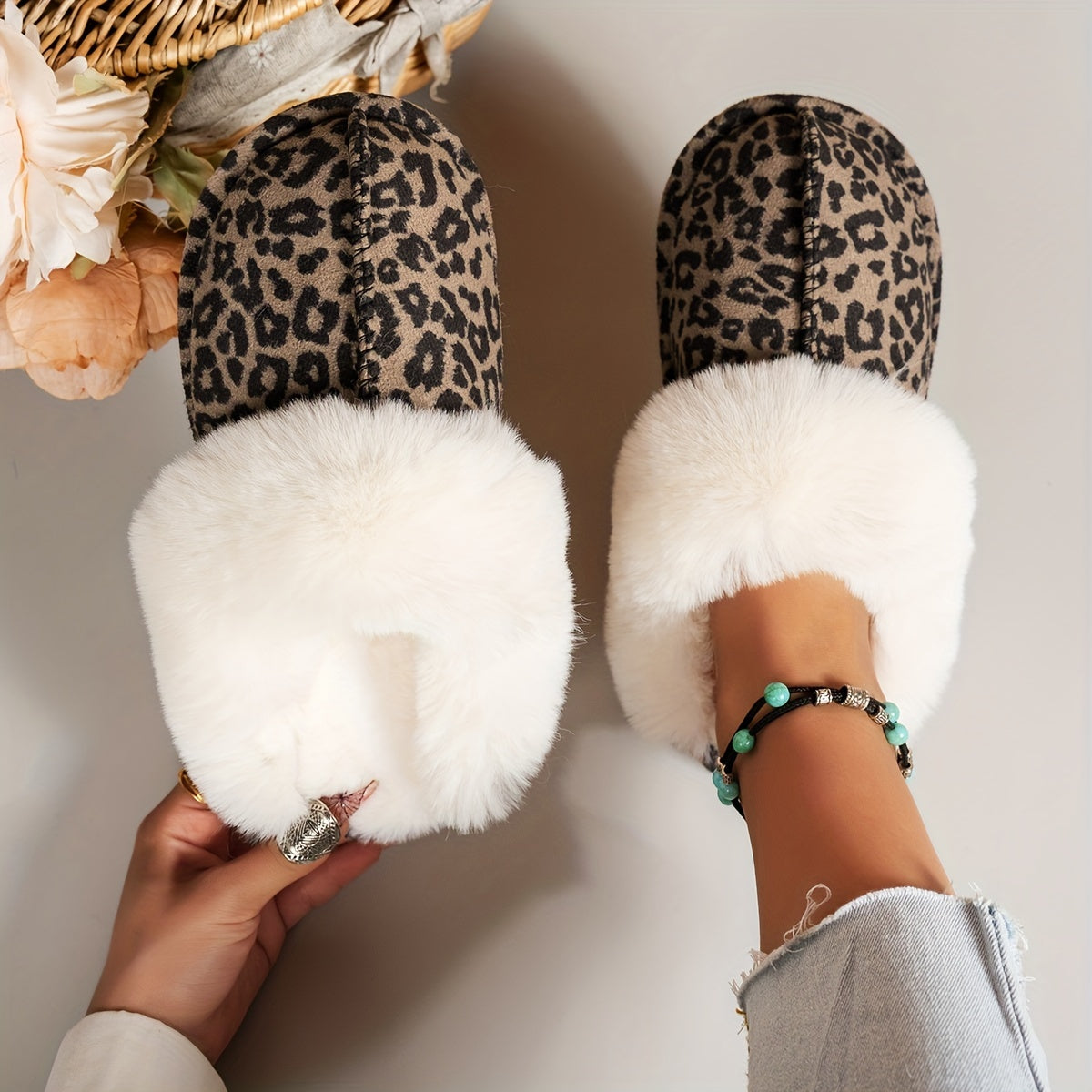 Cozy Winter Plush Slippers for Women - Fashionable Beige with Cow Print, Thick Fleece Lining, Warm & Non-Slip Sole, Comfortable Indoor Footwear, Ladies Slippers
