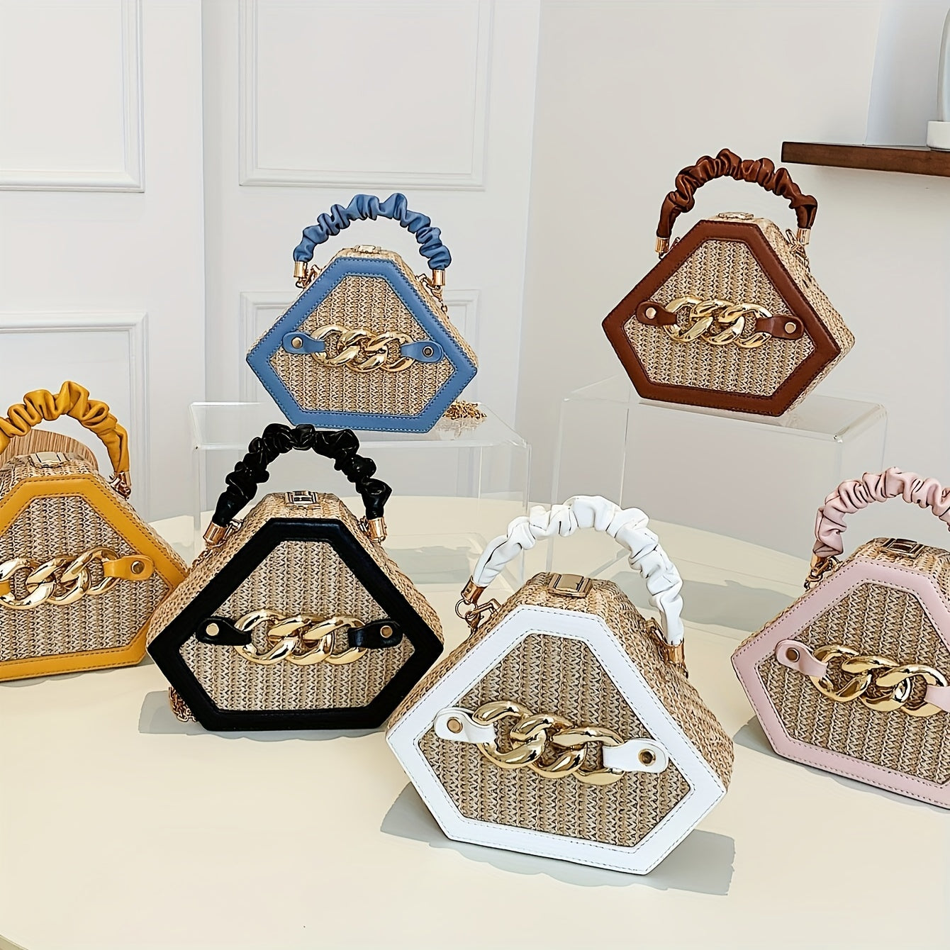 Fashion Niche Shaped Satchel Bag, Chain Decor Straw Design Chain Bag, Mini Top Ruched Strap Handbag