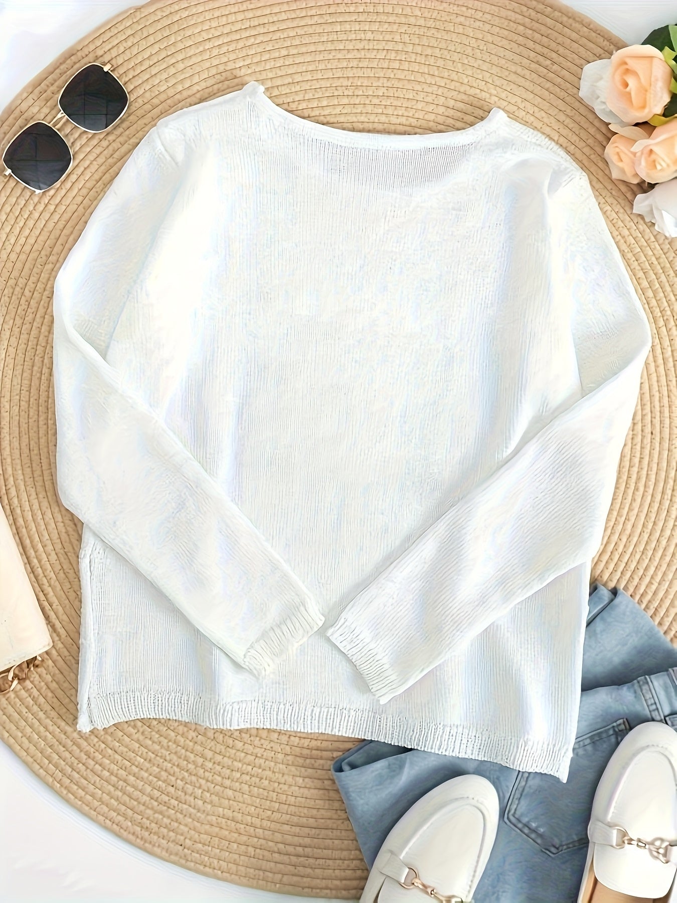 Women's Casual Crew Neck Pullover Sweater, 100% Polyester Knit Fabric, Solid Color, All-Season Comfort