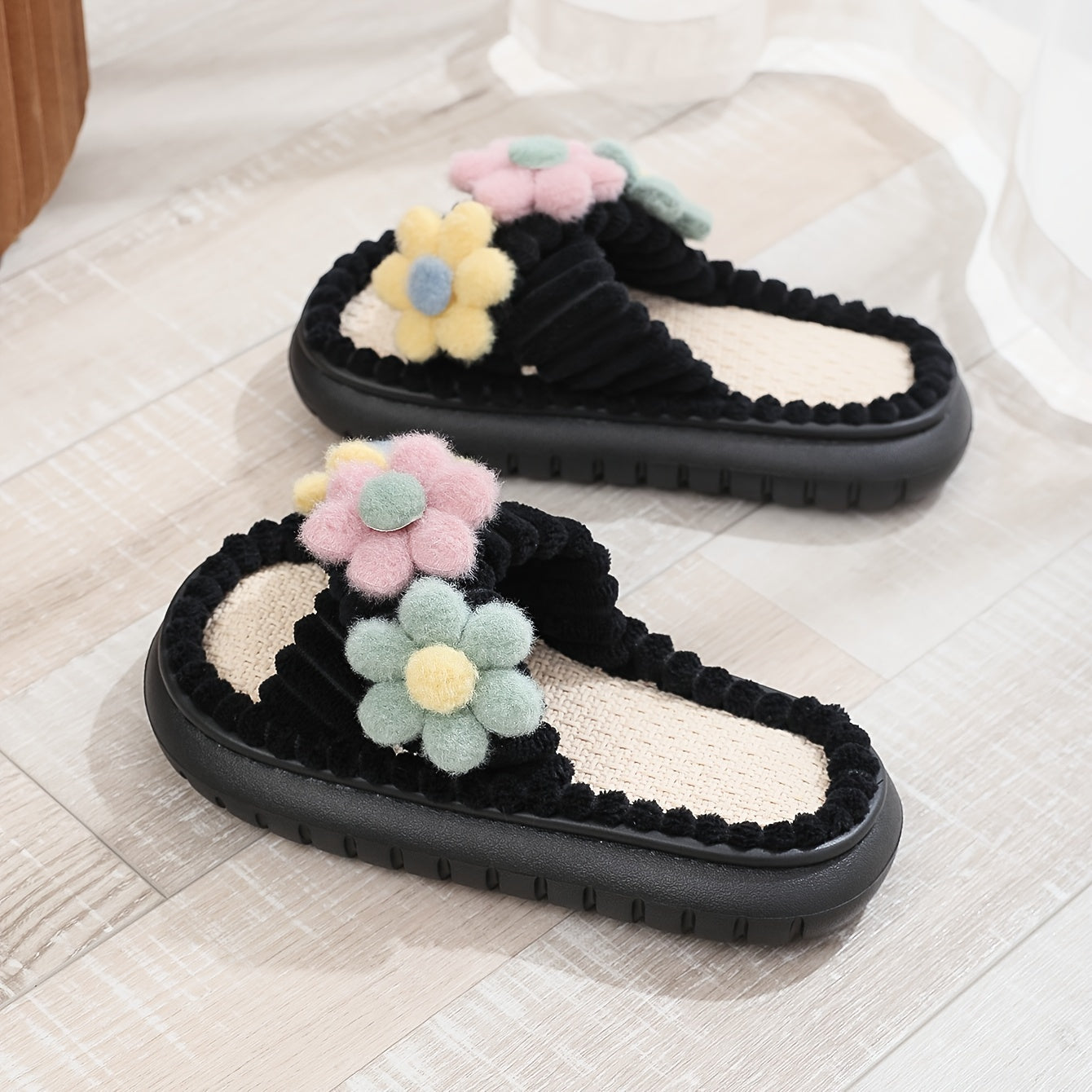 Vibrant Floral Print Slip-On Slippers - Soft Fabric Upper, Crisscross Band, Open Toe, EVA Sole, Comfy Linen Platform, Cozy Home Shoes for Relaxation