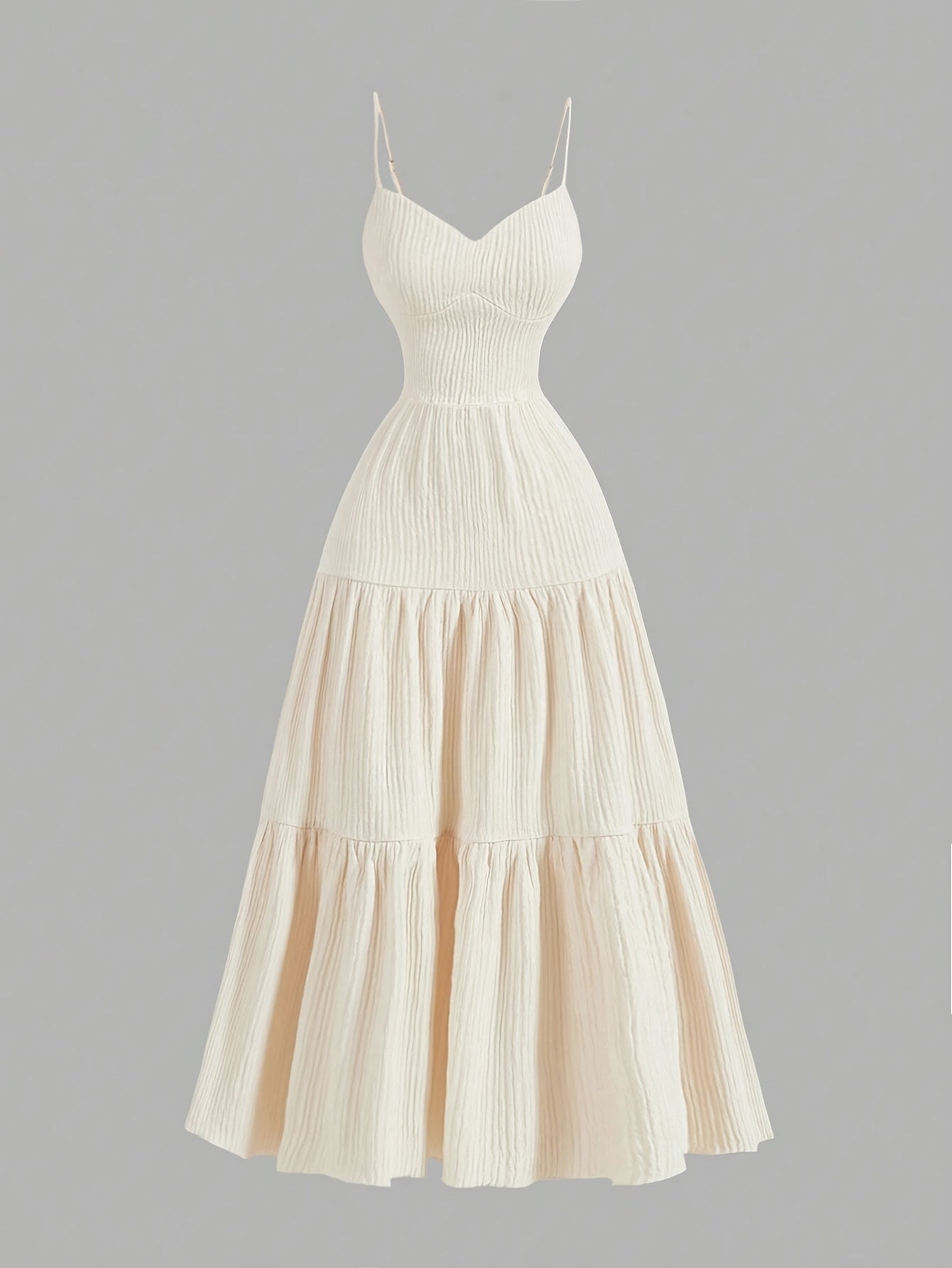 Elegant Apricot Sleeveless V-Neck Midi Dress with Ruffled Waist & Layered Tiered Skirt - Polyester, Machine Washable, All-Season Women’s Fashion
