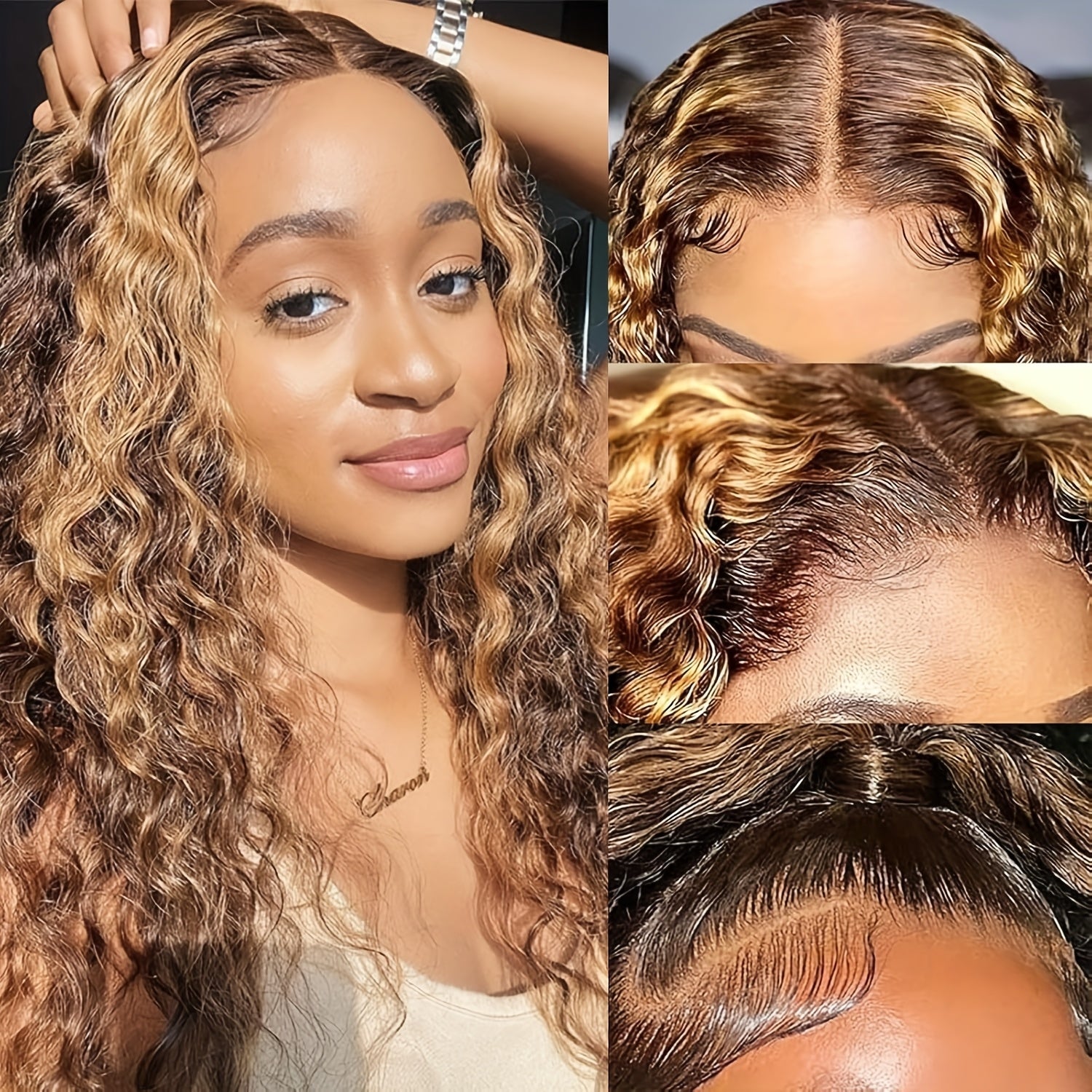 Honey Blonde Deep Wave Lace Front Wigs Human Hair 13x4 Highlight Ombre Curly Lace Front Wig Human Hair 250% Density HD Transparent Glueless Lace Frontal Wigs Pre Plucked With Baby Hair