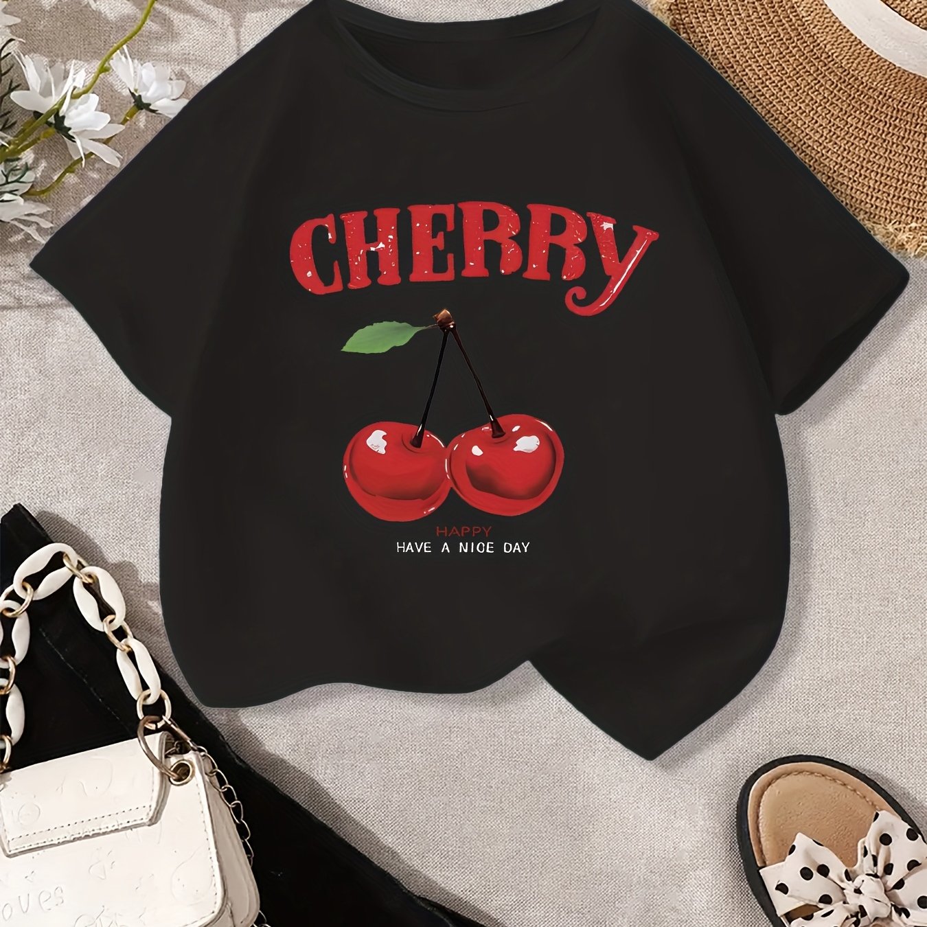 Girls' Cherry Graphic Tee - Soft & Quick-Dry Polyester Blend, Casual Round Neck Short Sleeve T-Shirt with "Have a Nice Day" Print, Perfect for Spring/Summer Outings, Girls Tshirts