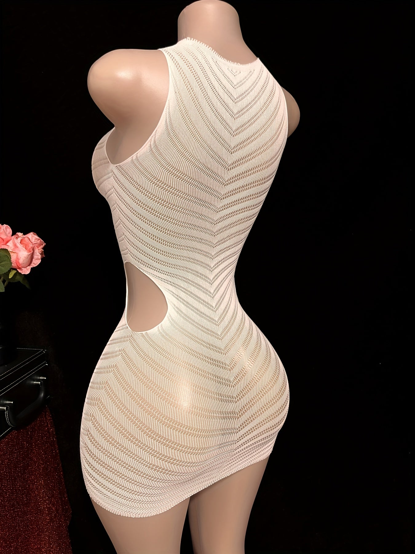 1pc of White Sexy Fitted Sleeveless Bodysuit Dress with Side Waist Hollow Design, High Elasticity Mesh Fabric, Beach Cover-Up.