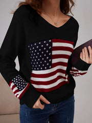 American Flag Print V Neck Sweater, Casual Long Sleeve Sweater For Spring & Fall, Women's Clothing