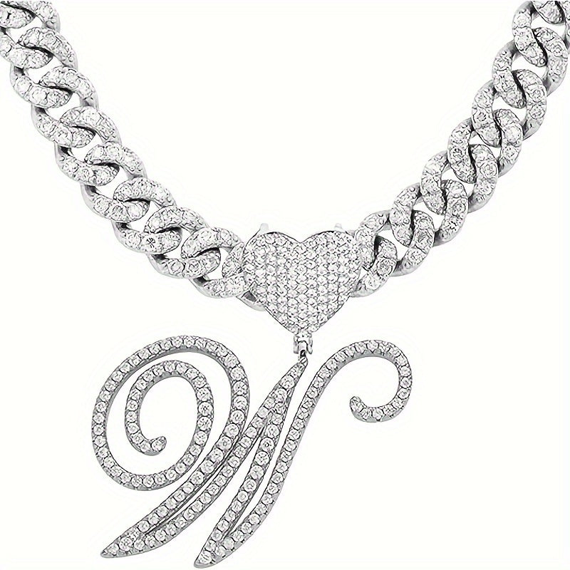 Silvery Cuban Link Necklace - Heart-shaped Alphabet Pendant on Ice Chain - Unisex Hip-hop Jewelry Gift