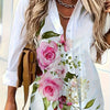 Women'S Floral Print Long Sleeve Casual Button-Up Shirt - White with Pink Roses & Green Leaves, Perfect for All Seasons, Casual Attire|Floral Print Shirt|Long Sleeve Shirt